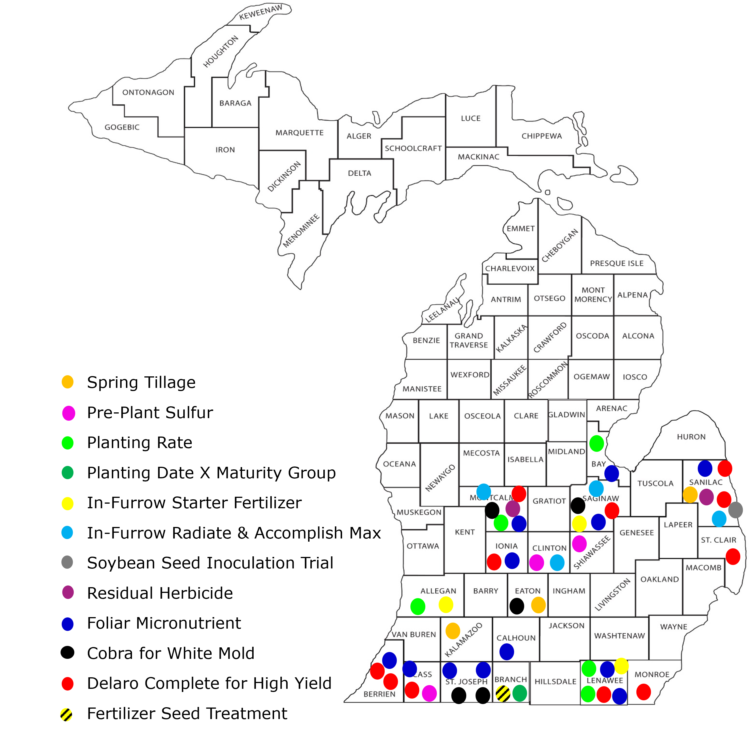 Map of Michigan showing county boundaries with colored dots marking soybean on-farm trial locations across the Lower Peninsula. A legend on the left links each color to a specific trial type, including spring tillage, pre-plant sulfur, planting rate, planting date by maturity group, in-furrow starter fertilizer, in-furrow Radiate & Accomplish Max, soybean seed inoculation trial, residual herbicide, foliar micronutrient, Cobra for white mold, and Delaro Complete for high yield. Most trial sites are clustered in southern and central counties, with multiple colors appearing within individual counties to indicate different trials conducted at the same location.